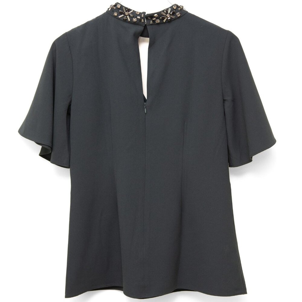 Ann Taylor Beaded Choker Neck Flutter Sleeve Blouse Cutout Green Grey Size 2 New - Picture 3 of 8